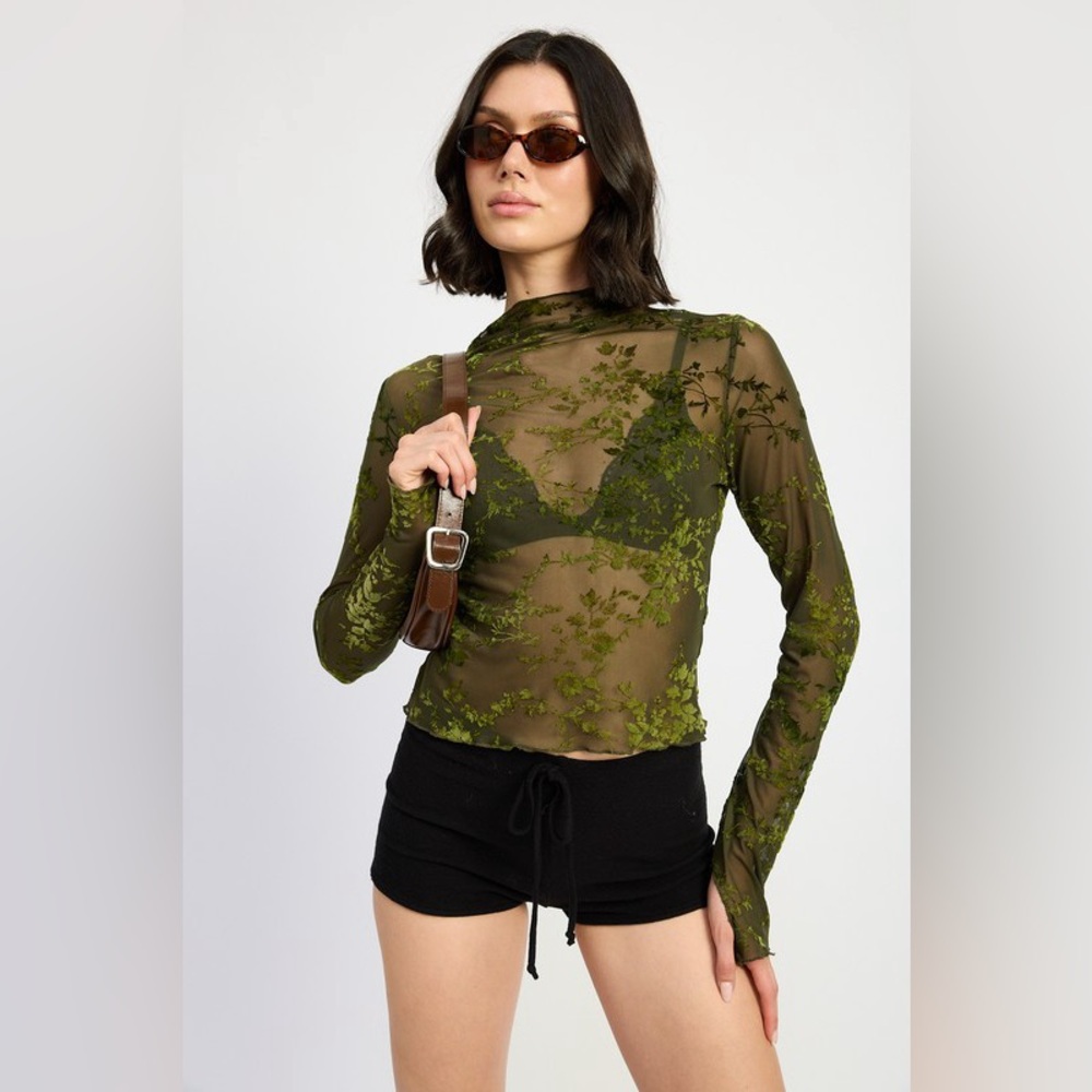 162B. Mock Neck Floral Mesh Top - Olive